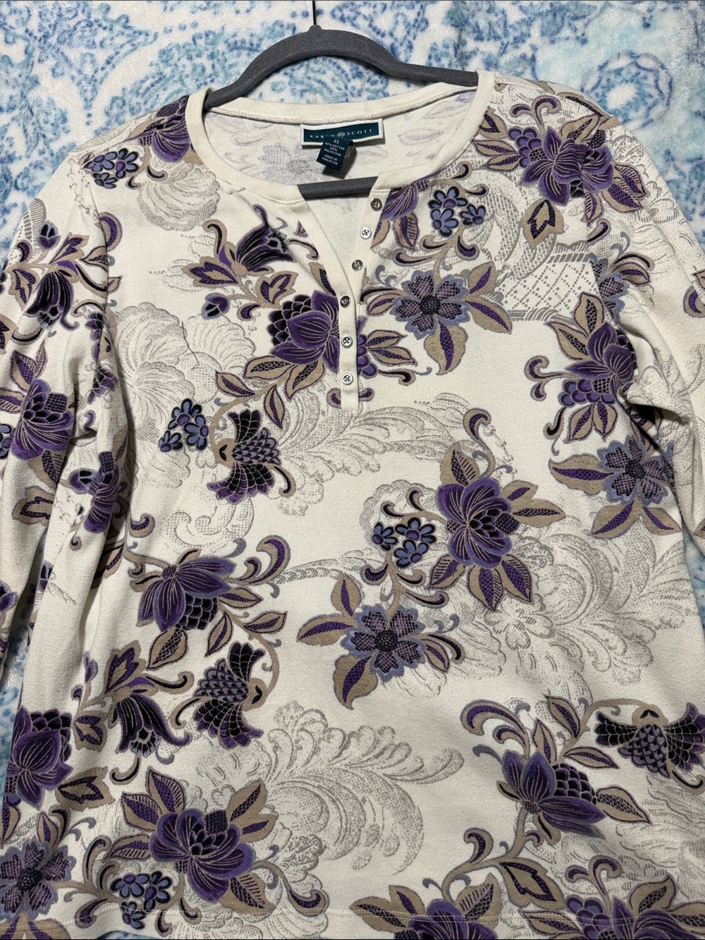 Karen Scott Off-White Long Sleeve Henley with Purple and Taupe Floral Design